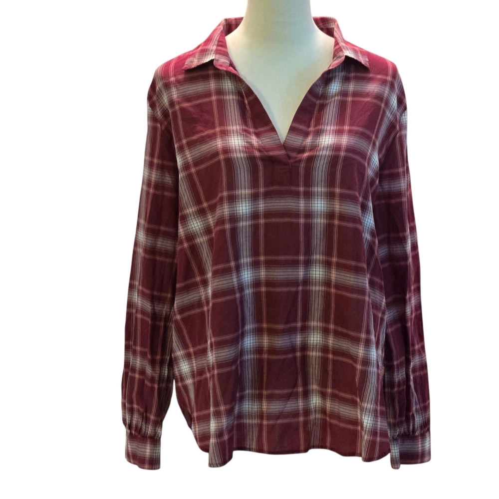 Loft Outlet Women's XL Burgundy Plaid V-Neck Lightweight Pullover Cotton Shirt